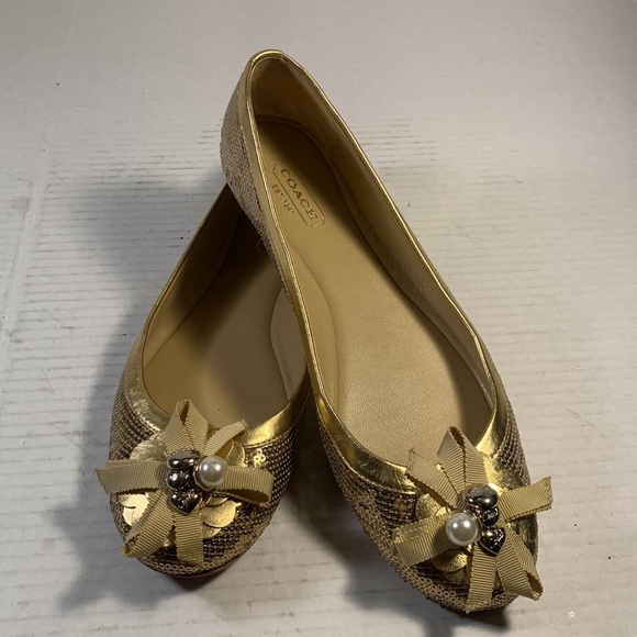 Coach Abigail Gold Sequin Ballet Flats With Logo Charms - Picture 1 of 8